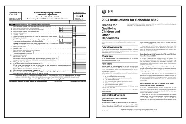 Credits for Qualifying Children and Other Dependents. Page one of the 2024 Schedule 8812 form alongside the first page of the 2024 Schedule 8812 instructions.