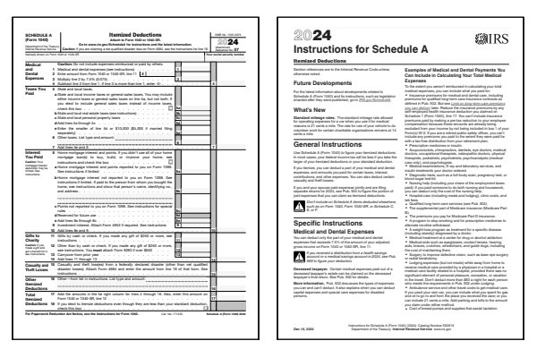 Page one of the 2024 Schedule A form alongside the first page of the 2024 Schedule A instructions booklet.