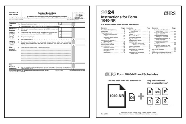 Itemized Deductions for Nonresidents. Page one of the 2024 Schedule A-NR form alongside the first page of the 2024 Schedule A-NR instructions.