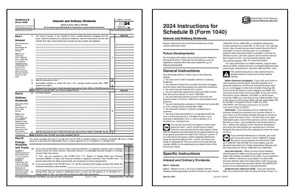 Page one of the 2024 Schedule B form alongside the first page of the 2024 Schedule B instructions booklet.