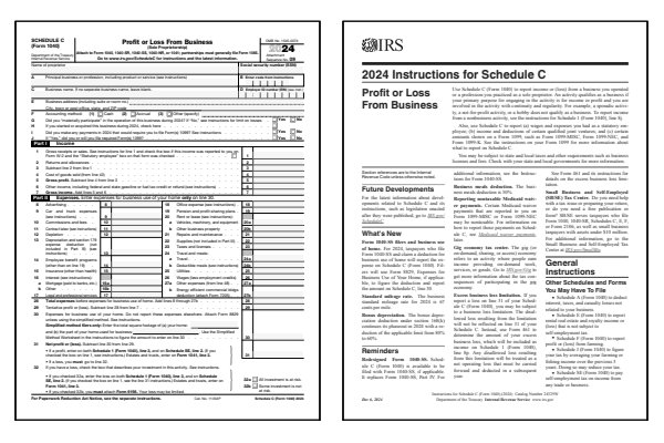 Profit or Loss from Business. Page one of the 2024 Schedule C form alongside the first page of the 2024 Schedule C instructions.