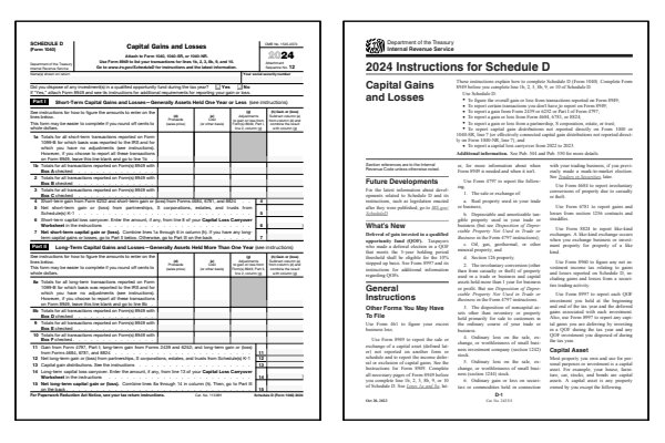 Page one of the 2024 Schedule D form alongside the first page of the 2024 Schedule D instructions booklet.