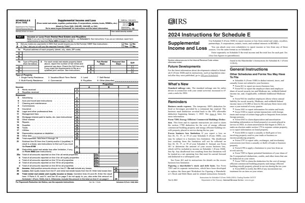 Page one of the 2024 Schedule E form alongside the cover page of the 2024 Schedule E instructions booklet.