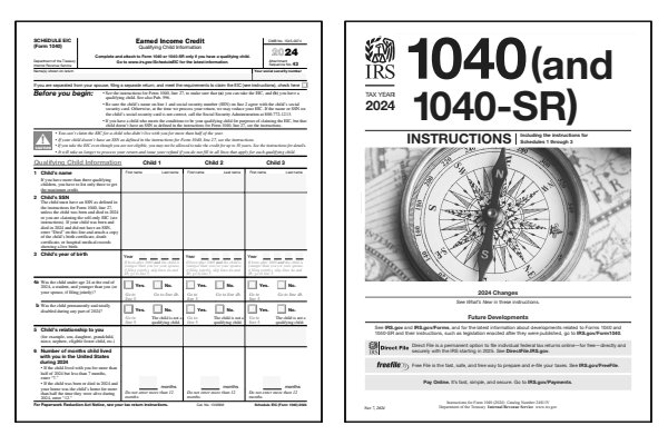 Earned Income Credit. Page one of the 2024 Schedule EIC form alongside the first page of the 2024 Schedule EIC instructions.