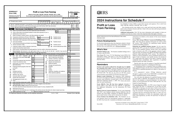 Page one of the 2024 Schedule F form alongside the first page of the 2024 Schedule F instructions booklet.