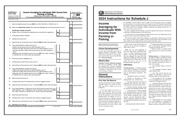 Income Averaging for Farmers and Fishermen. Page one of the 2024 Schedule J form alongside the first page of the 2024 Schedule J instructions booklet.