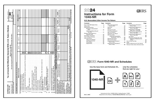 Tax on Income Not Effectively Connected With a US Trade or Business. Page one of the 2024 Schedule NEC form alongside the first page of the 2024 Schedule NEC instructions.