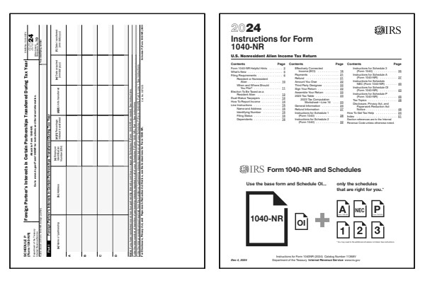 Foreign Partner's Interests in Certain Partnerships Transferred During Tax Year. Page one of the 2024 Schedule P form alongside the first page of the 2024 Schedule P instructions.