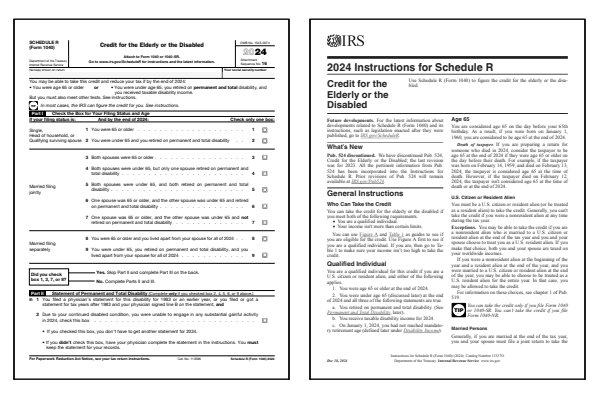 Credit for the Elderly or the Disabled. Page one of the 2024 Schedule R form alongside the first page of the 2024 Schedule R instructions.