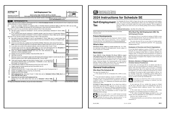 Page one of the 2024 Schedule SE form alongside the first page of the 2024 Schedule SE instructions booklet.