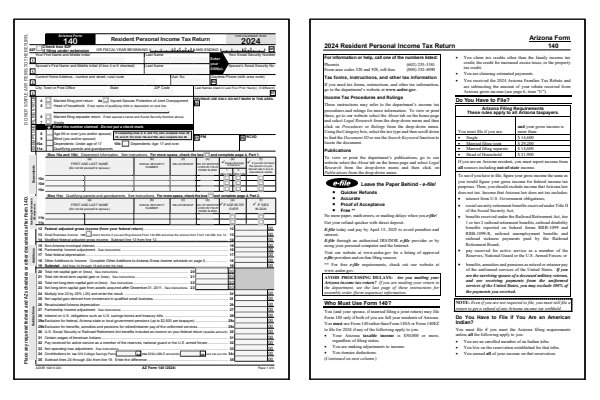 Arizona Form 140 and Arizona Form 140 instructions for tax year 2024.