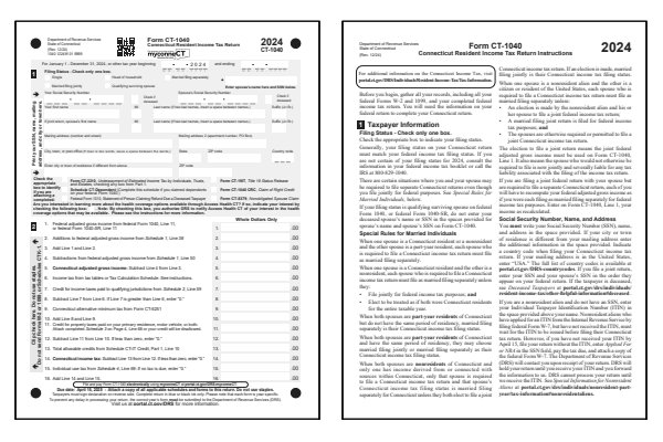 Connecticut Form CT-1040 and Connecticut Form CT-1040 instructions for tax year 2024.