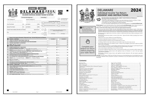 Delaware Form PIT-RES and Delaware Form PIT-RES instructions for tax year 2024.