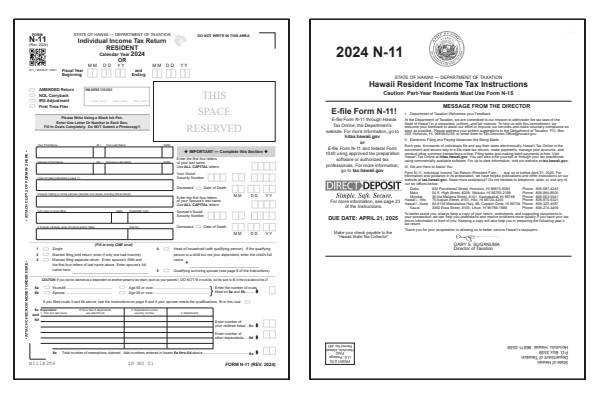 Hawaii Form N-11 and Hawaii Form N-11 instructions for tax year 2024.