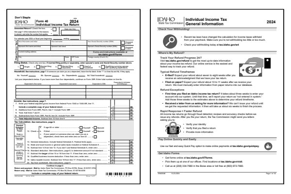 Idaho Form 40 and Idaho Form 40 instructions for tax year 2024.