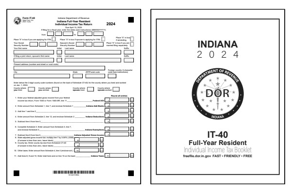 Indiana Form IT-40 and Indiana Form IT-40 instructions for tax year 2024.