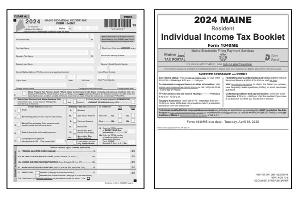 Maine Form 1040ME and Maine Form 1040ME instructions for tax year 2024.