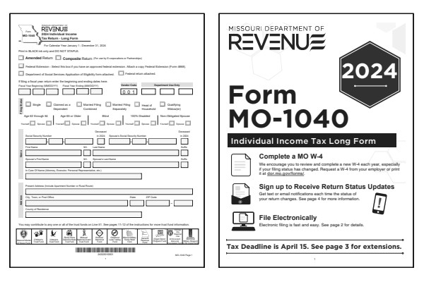 Missouri Form MO-1040 and Missouri Form MO-1040 instructions for tax year 2024.