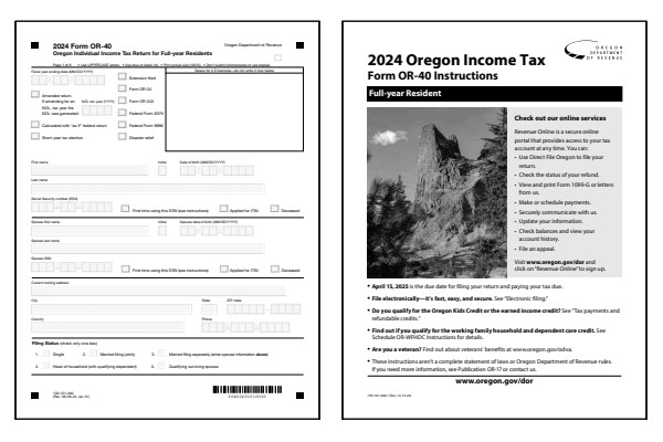 Oregon Form 40 and Oregon Form 40 instructions for tax year 2024.