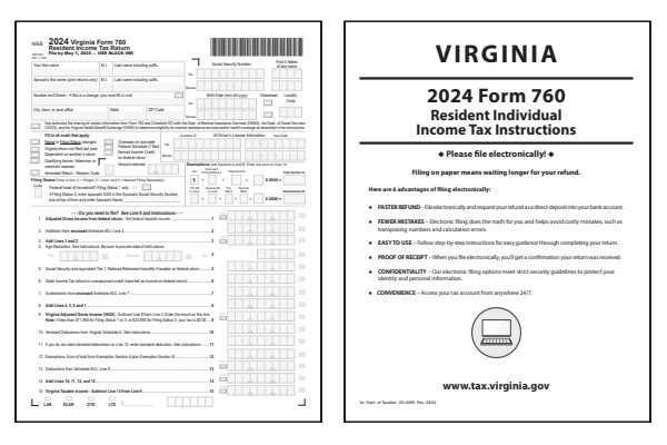 Virginia Form 760 and Virginia Form 760 instructions for tax year 2024.