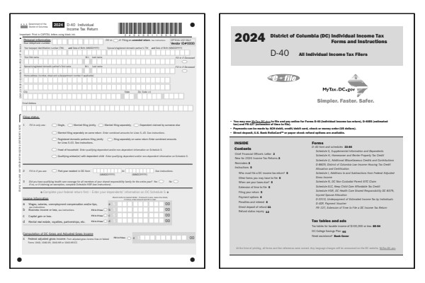 Washington DC Form D-40 and Washington DC Form D-40 instructions for tax year 2024.