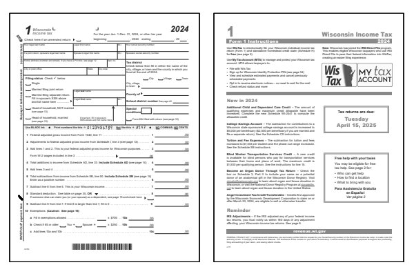 Wisconsin Form 1 and Wisconsin Form 1 instructions for tax year 2024.