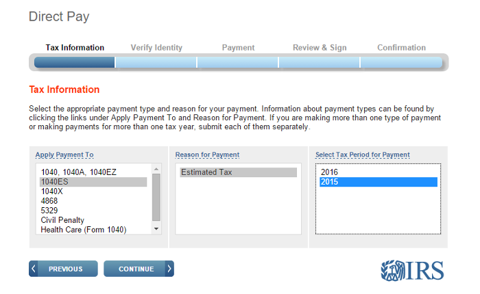 2015 1040ES Direct Pay IRS Estimated Tax Payment