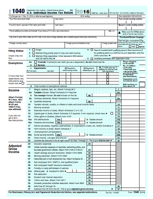 2016 1040 Tax Form PDF