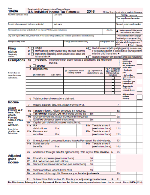 2016 1040A Tax Form PDF