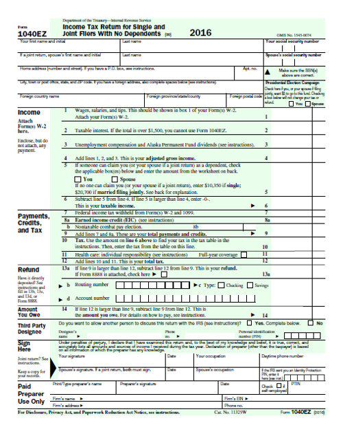 2016 1040EZ Tax Form PDF