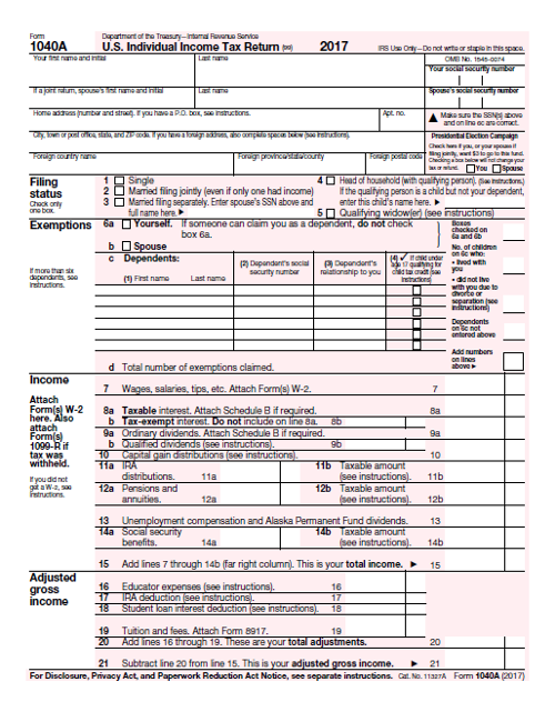 2017 1040A Tax Form