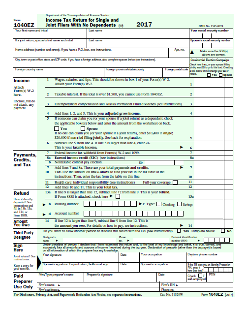 2017 1040EZ Tax Form