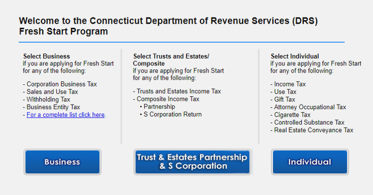 Welcome to the Connecticut Department of Revenue Services (DRS) Fresh Start Program.