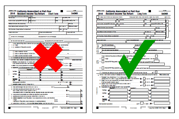 Red cross on California Form 540NR Short Form, green check on 540NR Long Form.